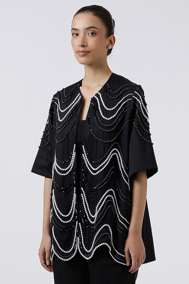 Black Pima Cotton Hand-Applied Pearls Jacket by Pallavi Swadi at Pernia's Pop Up Shop