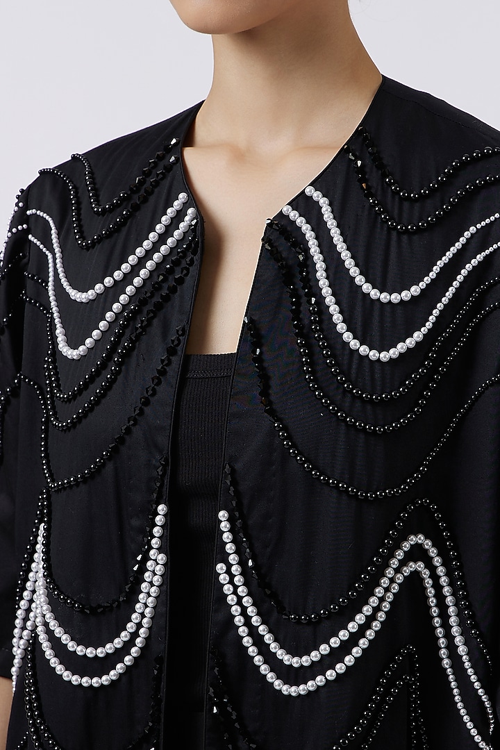 Black Pima Cotton Hand-Applied Pearls Jacket by Pallavi Swadi at Pernia's Pop Up Shop