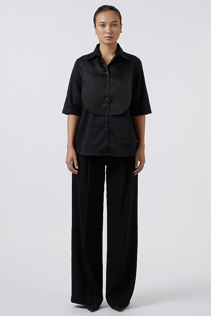 Black Pima Cotton & Organza Bib Shirt by Pallavi Swadi at Pernia's Pop Up Shop