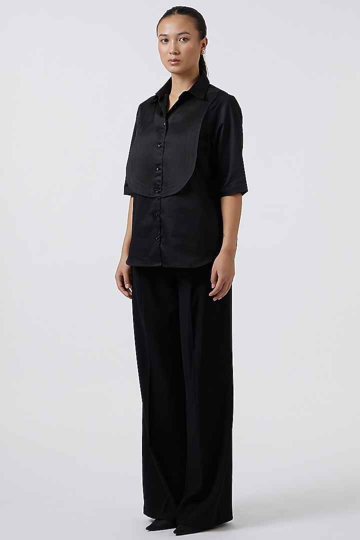 Black Pima Cotton & Organza Bib Shirt by Pallavi Swadi at Pernia's Pop Up Shop