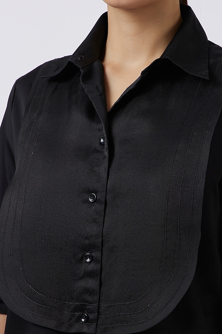 Black Pima Cotton & Organza Bib Shirt by Pallavi Swadi at Pernia's Pop Up Shop