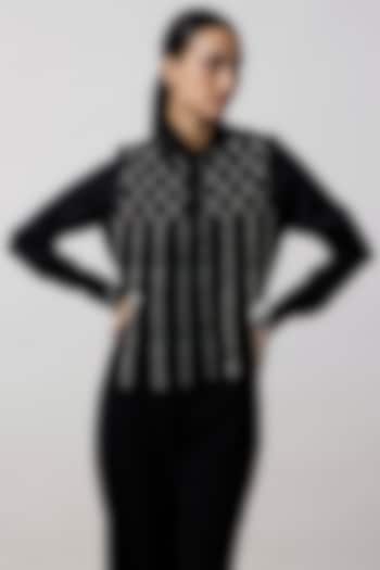 Black Pima Cotton Fringed Jacket by Pallavi Swadi at Pernia's Pop Up Shop