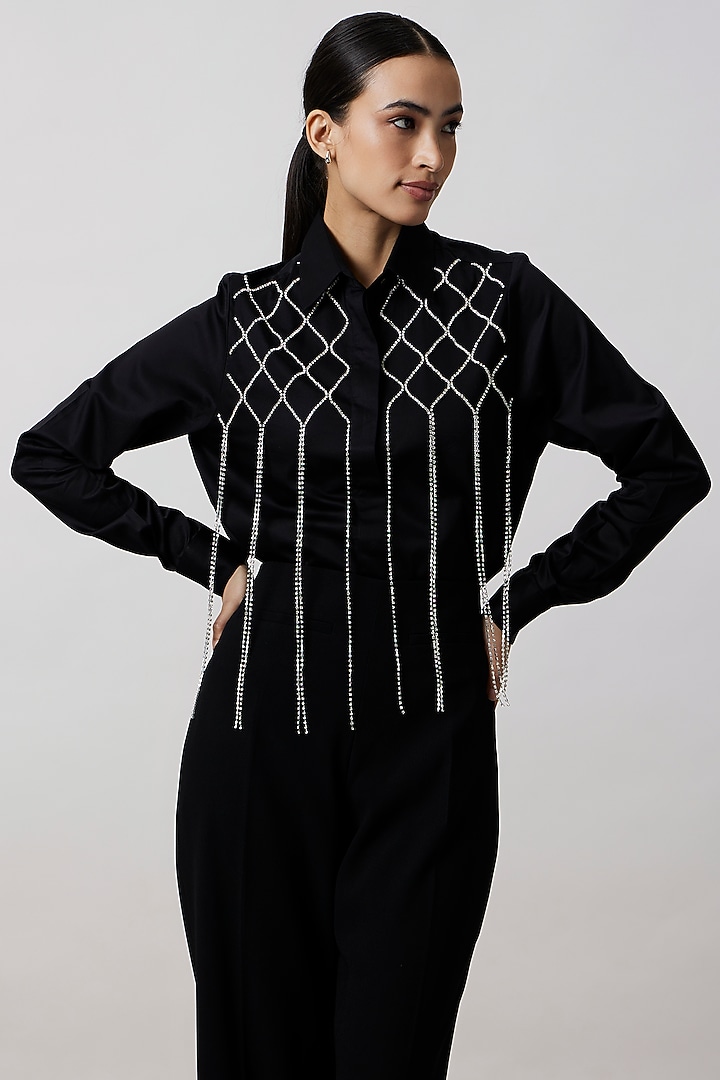 Black Pima Cotton Fringed Jacket by Pallavi Swadi at Pernia's Pop Up Shop