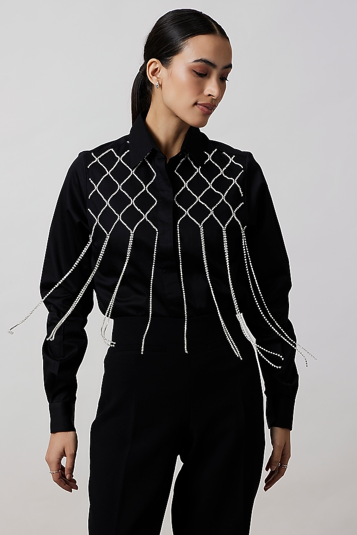 Black Pima Cotton Fringed Jacket by Pallavi Swadi at Pernia's Pop Up Shop