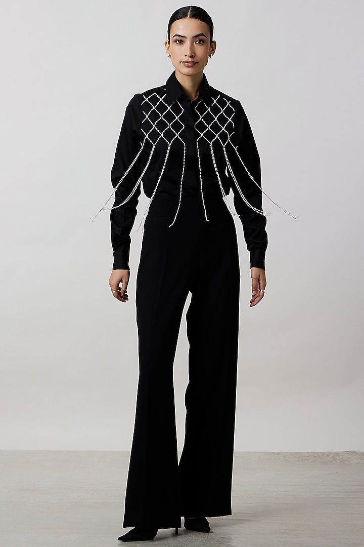 Black Pima Cotton Fringed Jacket by Pallavi Swadi at Pernia's Pop Up Shop