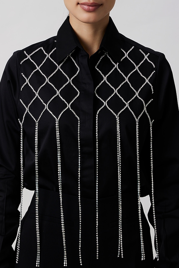 Black Pima Cotton Fringed Jacket by Pallavi Swadi at Pernia's Pop Up Shop