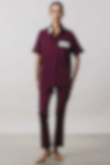 Wine Pima Cotton Crystal Stone Embroidered Co-Ord Set by Pallavi Swadi at Pernia's Pop Up Shop