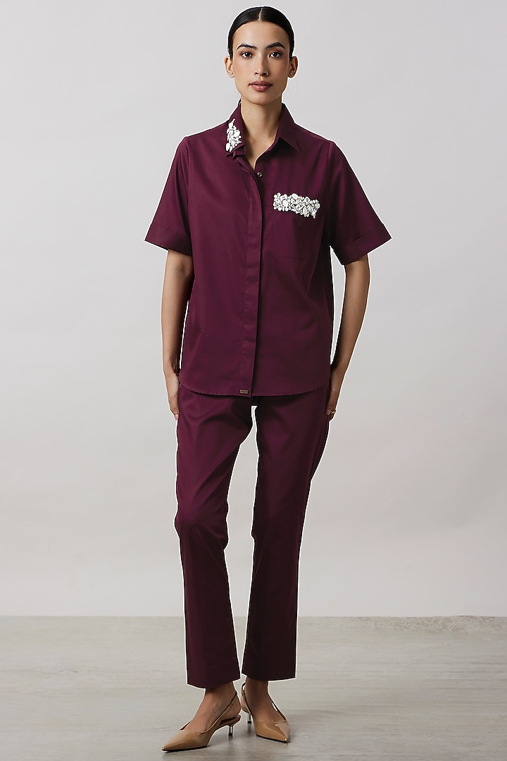 Wine Pima Cotton Crystal Stone Embroidered Co-Ord Set by Pallavi Swadi at Pernia's Pop Up Shop