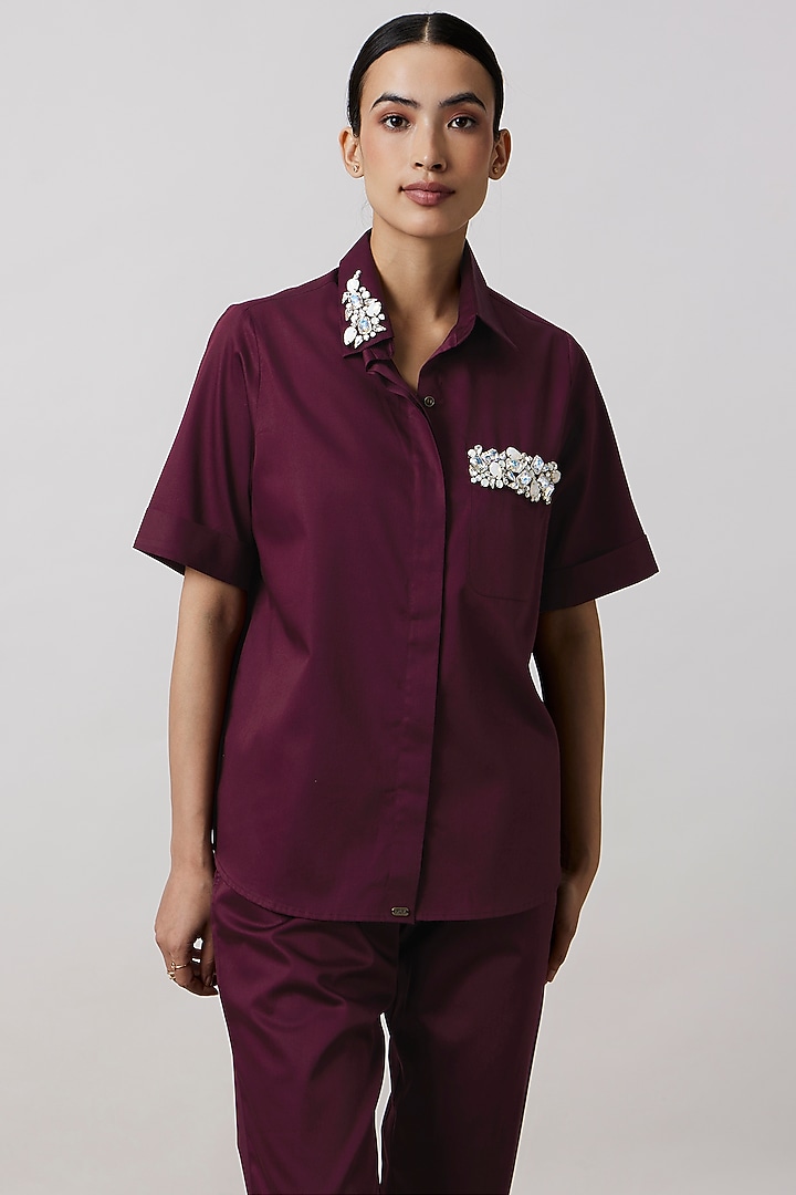 Wine Pima Cotton Crystal Stone Embroidered Co-Ord Set by Pallavi Swadi at Pernia's Pop Up Shop
