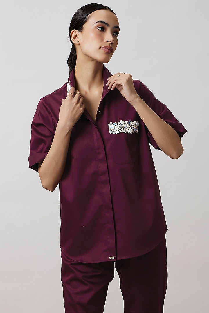 Wine Pima Cotton Crystal Stone Embroidered Co-Ord Set by Pallavi Swadi at Pernia's Pop Up Shop