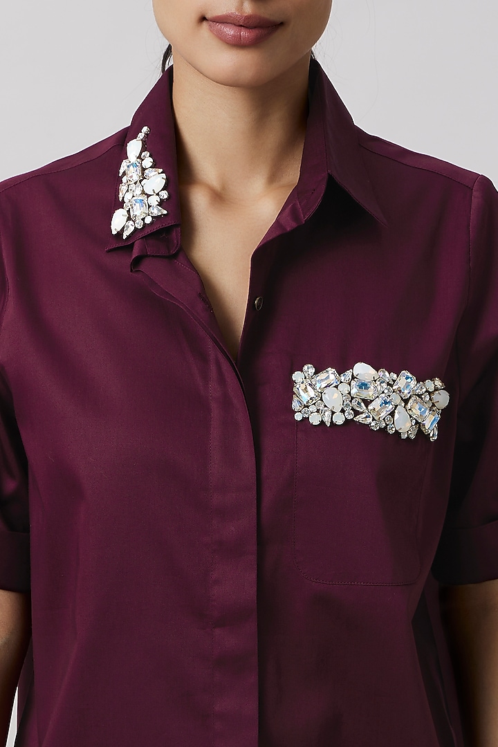 Wine Pima Cotton Crystal Stone Embroidered Co-Ord Set by Pallavi Swadi at Pernia's Pop Up Shop