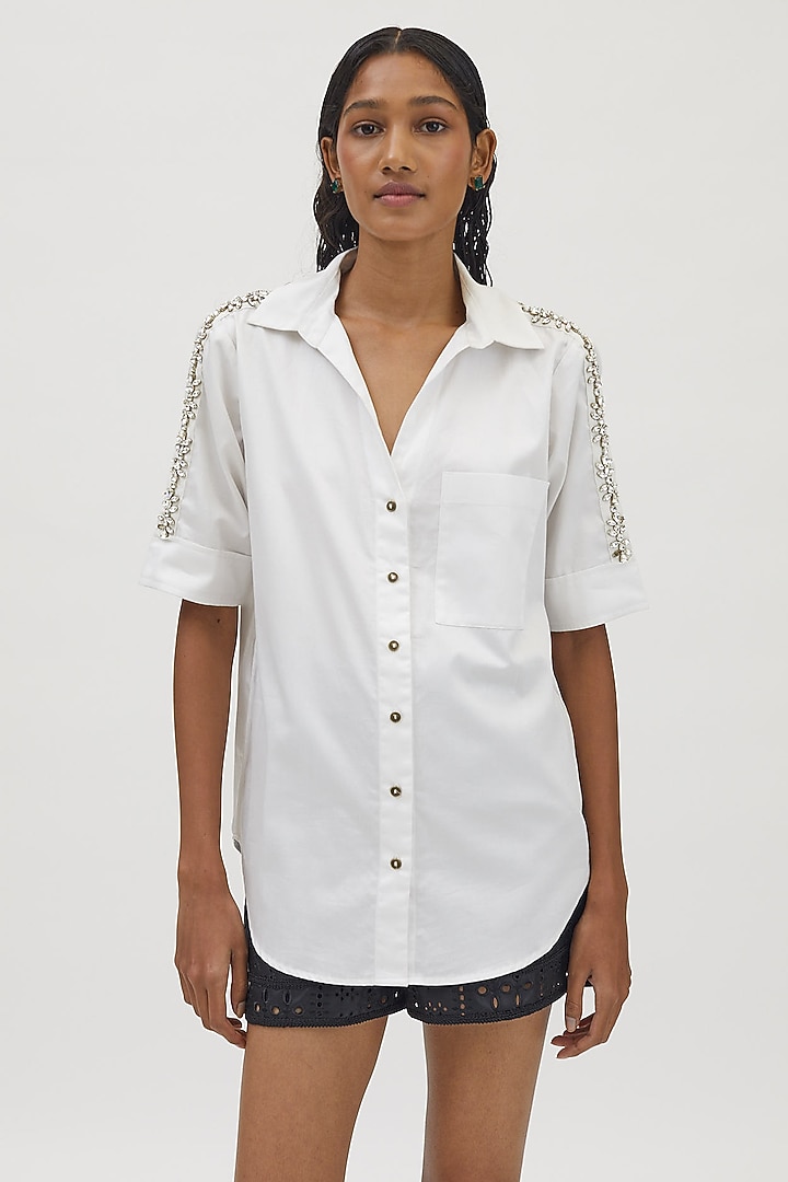 White Pima Cotton Embellished Shirt by Pallavi Swadi at Pernia's Pop Up Shop