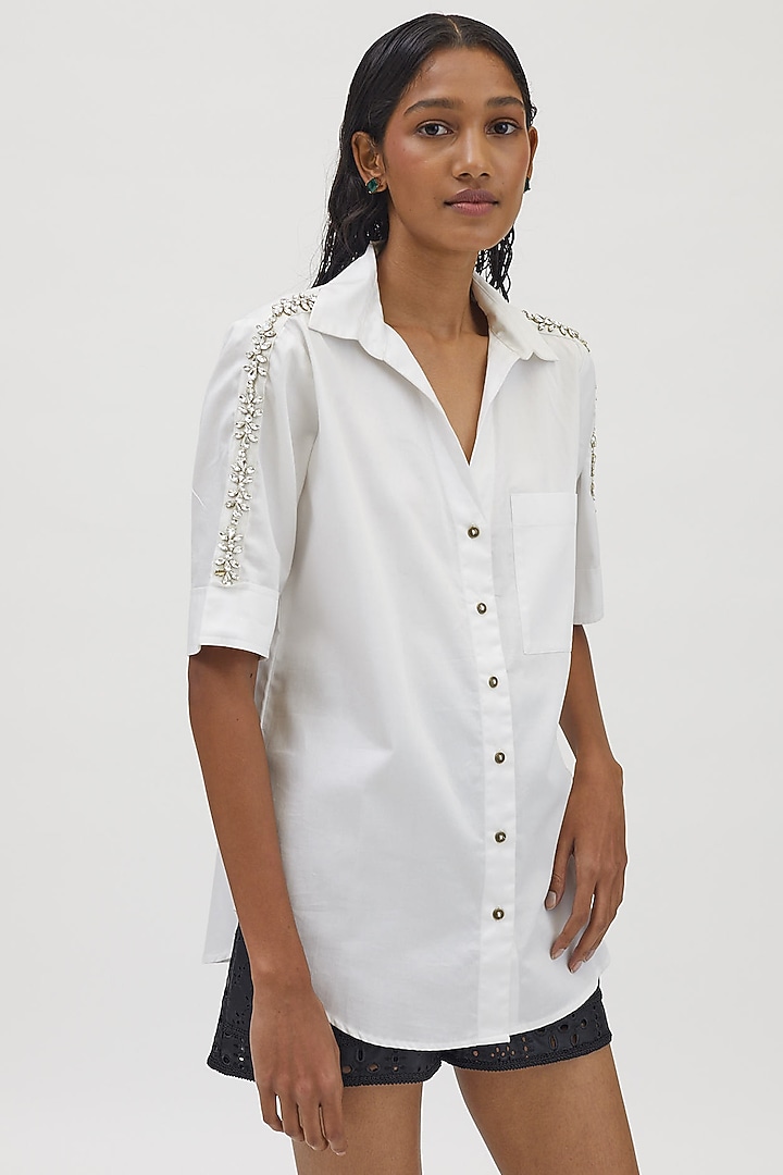 White Pima Cotton Embellished Shirt by Pallavi Swadi at Pernia's Pop Up Shop