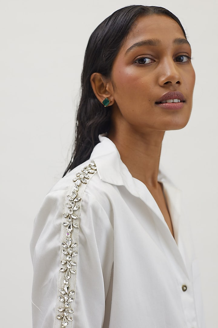White Pima Cotton Embellished Shirt by Pallavi Swadi at Pernia's Pop Up Shop