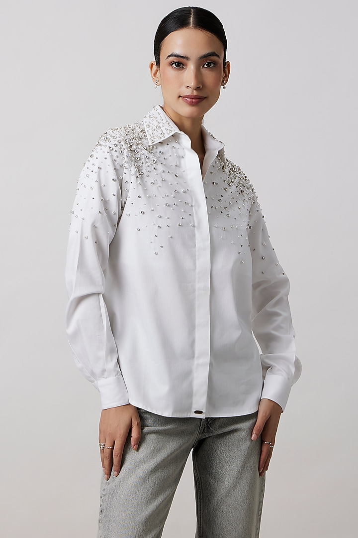 White Cotton Satin Shirt by Pallavi Swadi at Pernia's Pop Up Shop