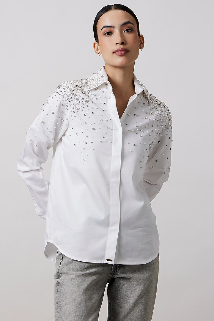 White Cotton Satin Shirt by Pallavi Swadi at Pernia's Pop Up Shop