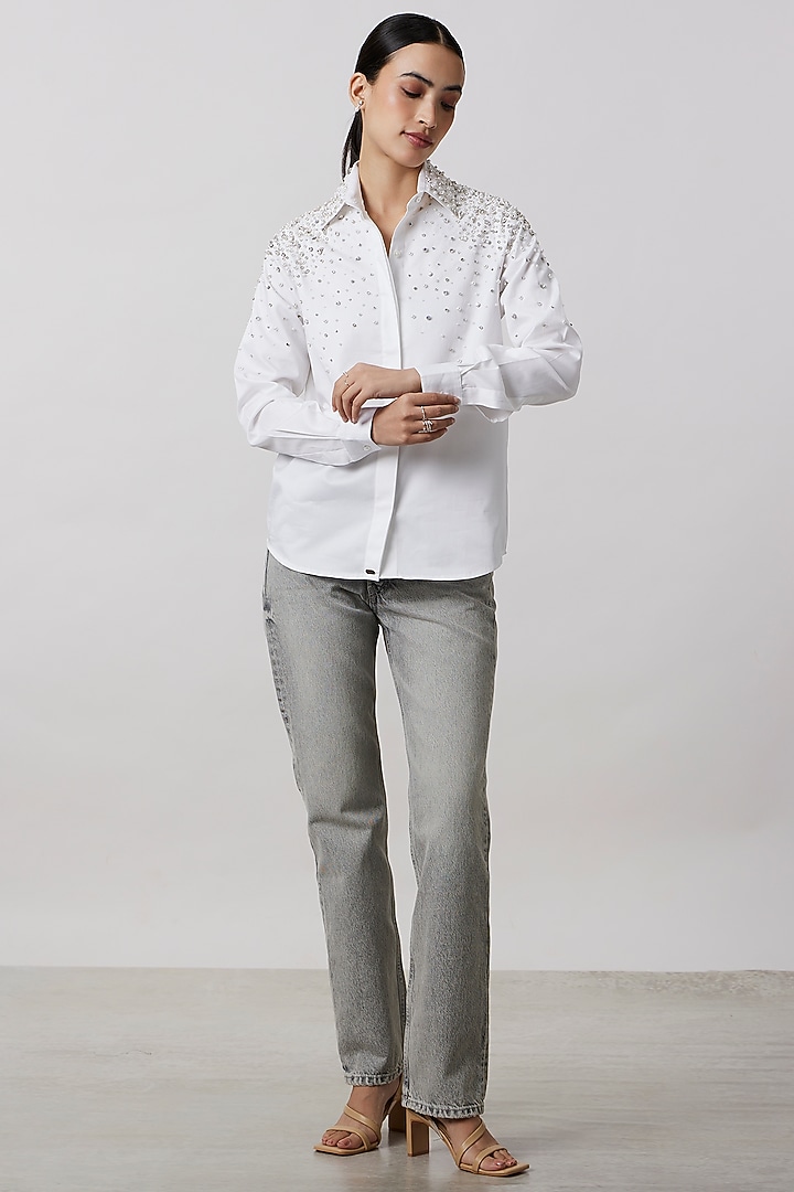 White Cotton Satin Shirt by Pallavi Swadi at Pernia's Pop Up Shop