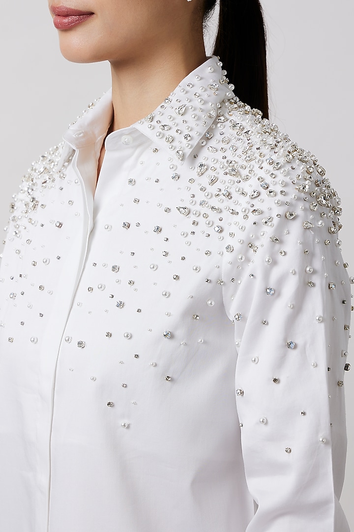 White Cotton Satin Shirt by Pallavi Swadi at Pernia's Pop Up Shop