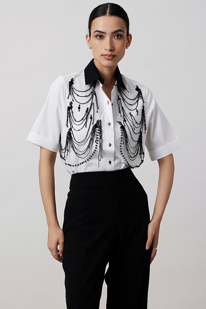 White Pima Cotton Pearl Embellished Shirt by Pallavi Swadi at Pernia's Pop Up Shop