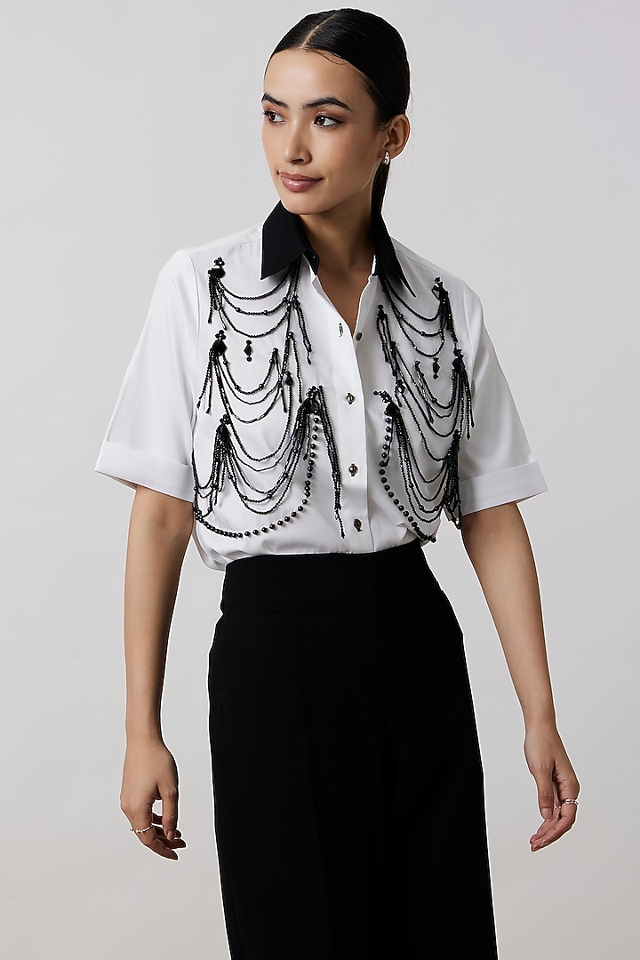 White Pima Cotton Pearl Embellished Shirt by Pallavi Swadi at Pernia's Pop Up Shop