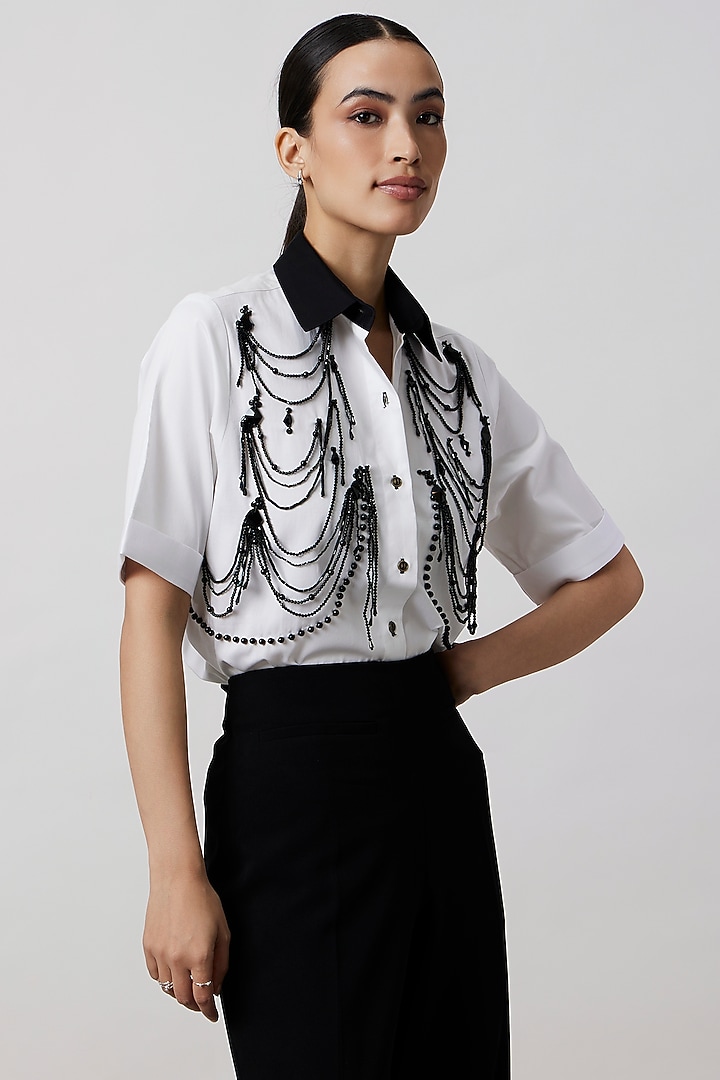 White Pima Cotton Pearl Embellished Shirt by Pallavi Swadi at Pernia's Pop Up Shop