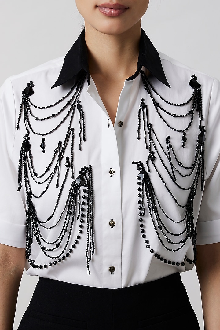 White Pima Cotton Pearl Embellished Shirt by Pallavi Swadi at Pernia's Pop Up Shop