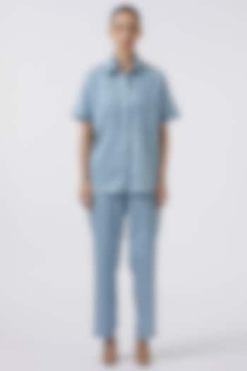 Blue Pima Cotton Beads Embroidered Shirt by Pallavi Swadi at Pernia's Pop Up Shop
