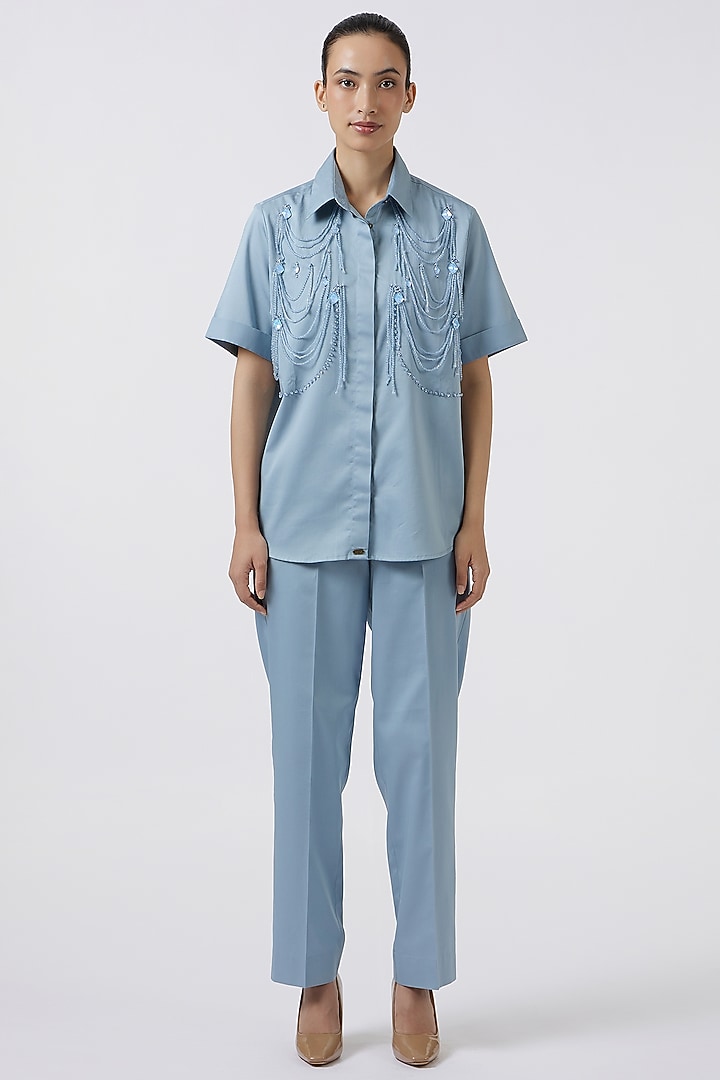 Blue Pima Cotton Beads Embroidered Shirt by Pallavi Swadi at Pernia's Pop Up Shop