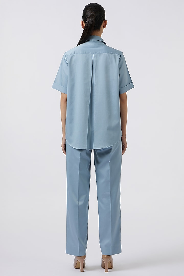 Blue Pima Cotton Beads Embroidered Shirt by Pallavi Swadi at Pernia's Pop Up Shop