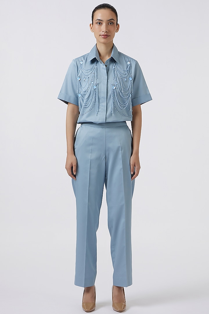 Blue Pima Cotton Beads Embroidered Shirt by Pallavi Swadi at Pernia's Pop Up Shop