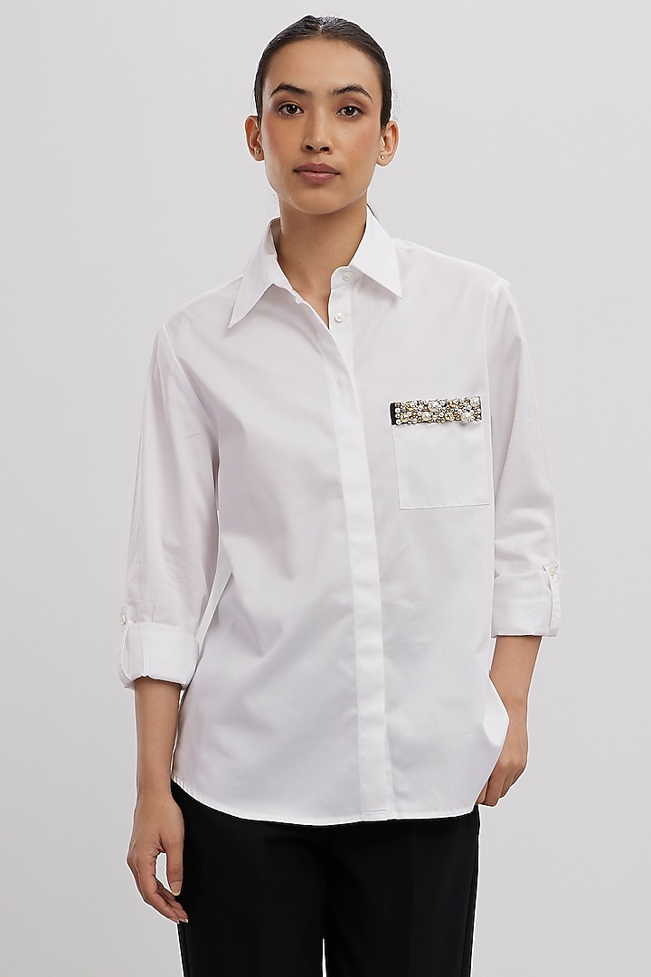 White Pima Cotton Embellished Shirt by Pallavi Swadi at Pernia's Pop Up Shop