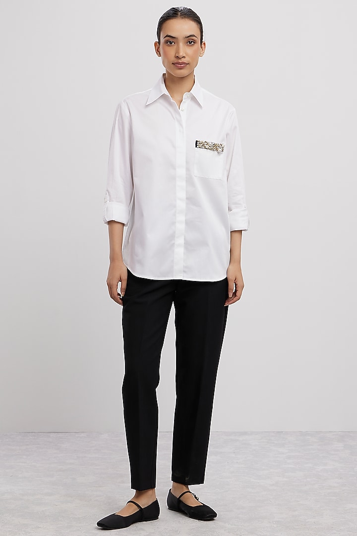 White Pima Cotton Embellished Shirt by Pallavi Swadi at Pernia's Pop Up Shop