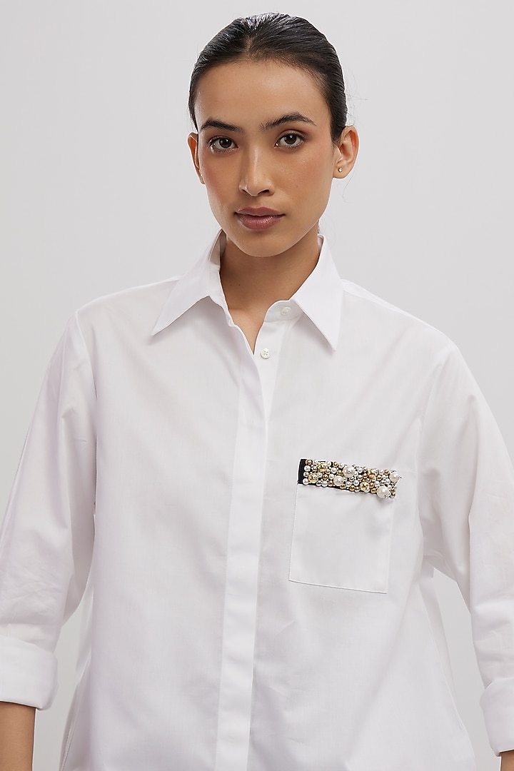 White Pima Cotton Embellished Shirt by Pallavi Swadi at Pernia's Pop Up Shop