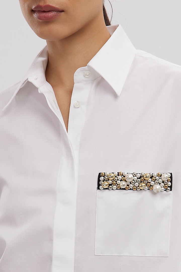 White Pima Cotton Embellished Shirt by Pallavi Swadi at Pernia's Pop Up Shop