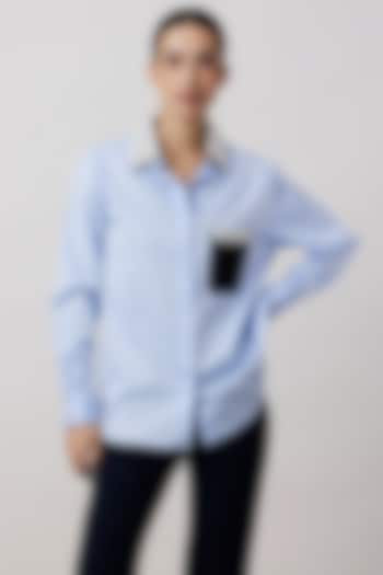 Sky Blue Pima Cotton Pearl Embellished Shirt by Pallavi Swadi at Pernia's Pop Up Shop