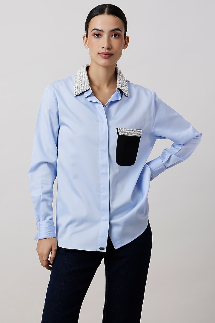 Sky Blue Pima Cotton Pearl Embellished Shirt by Pallavi Swadi at Pernia's Pop Up Shop