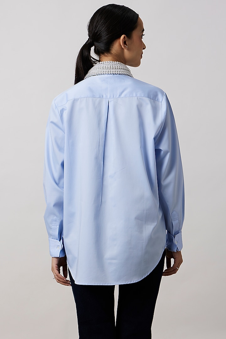 Sky Blue Pima Cotton Pearl Embellished Shirt by Pallavi Swadi at Pernia's Pop Up Shop