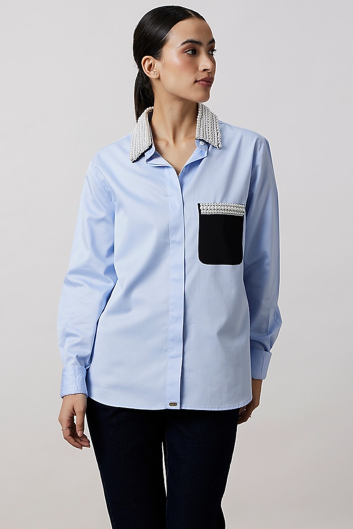 Sky Blue Pima Cotton Pearl Embellished Shirt by Pallavi Swadi at Pernia's Pop Up Shop