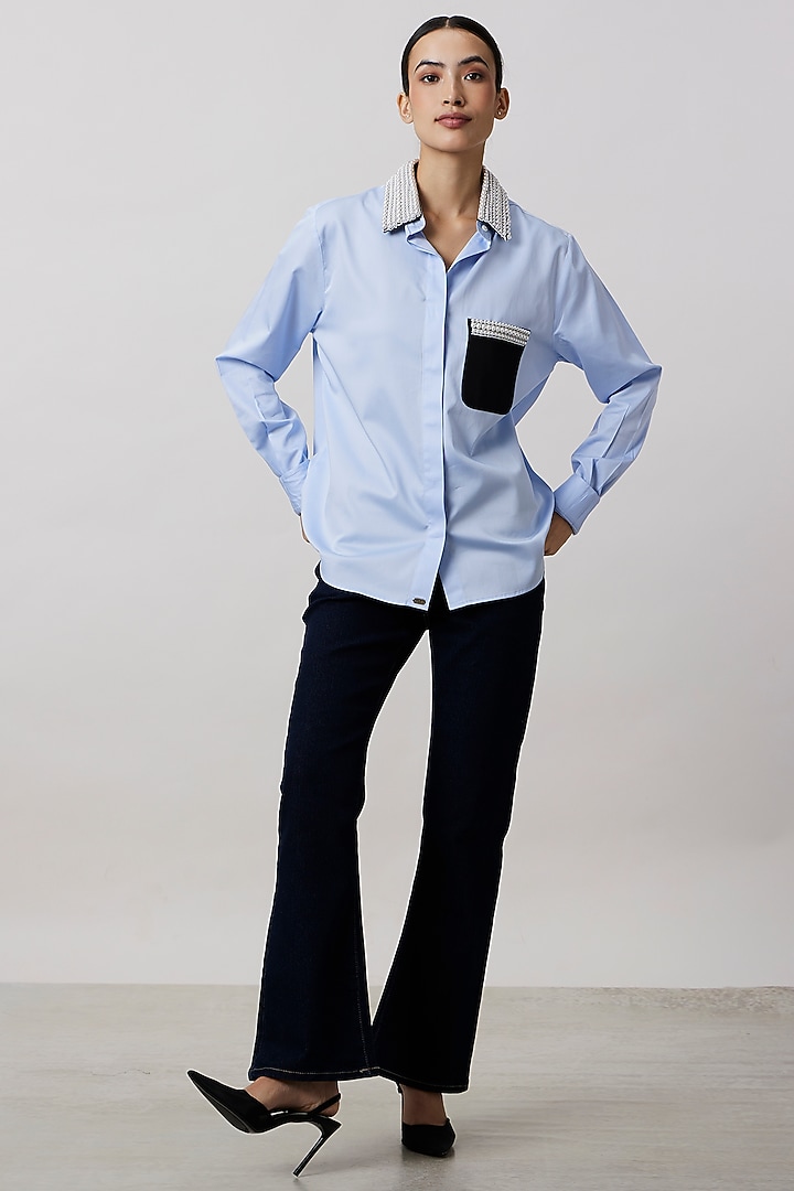 Sky Blue Pima Cotton Pearl Embellished Shirt by Pallavi Swadi at Pernia's Pop Up Shop