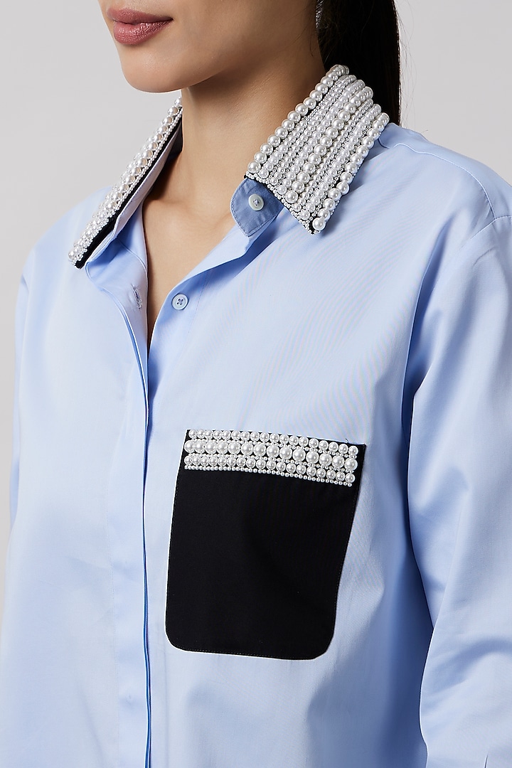 Sky Blue Pima Cotton Pearl Embellished Shirt by Pallavi Swadi at Pernia's Pop Up Shop