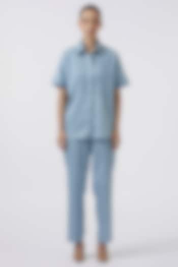 Blue Pima Cotton Embellished Co-Ord Set by Pallavi Swadi at Pernia's Pop Up Shop