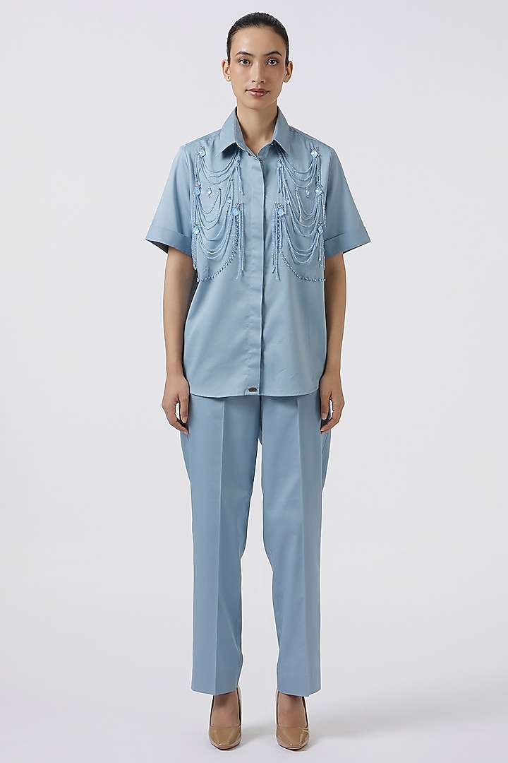 Blue Pima Cotton Embellished Co-Ord Set by Pallavi Swadi at Pernia's Pop Up Shop