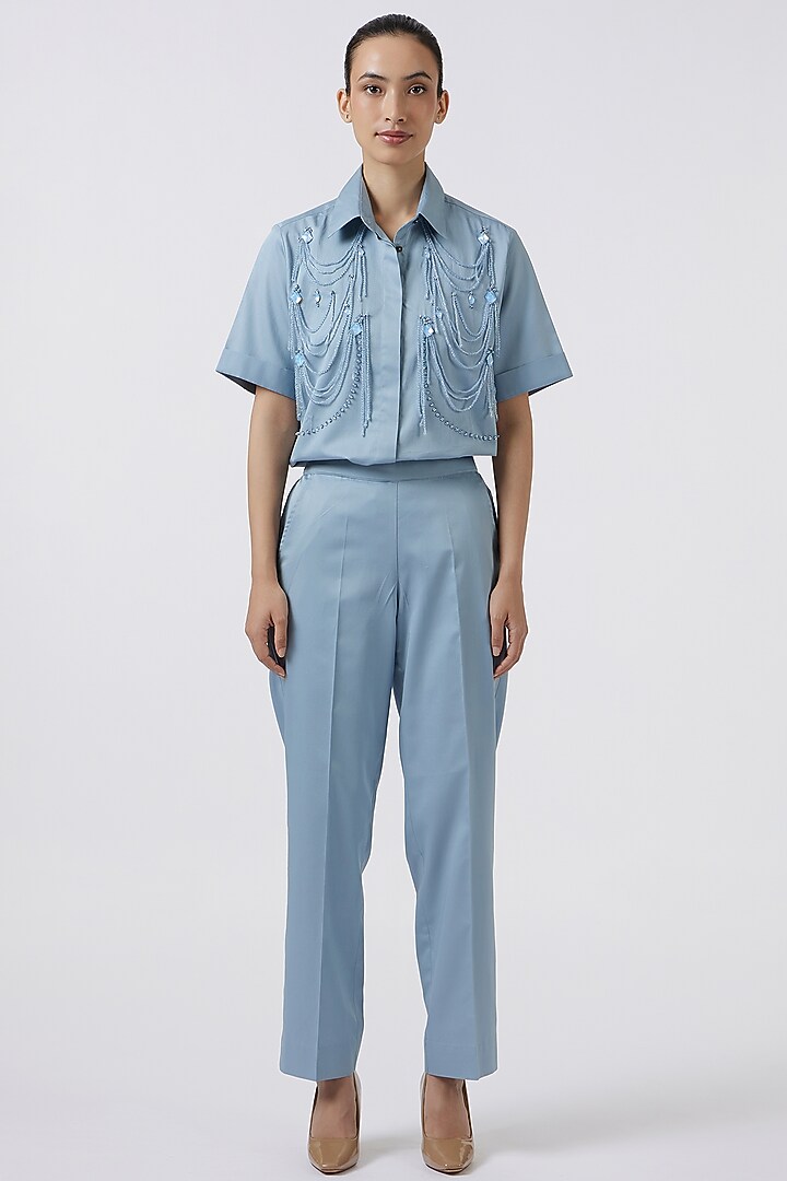 Blue Pima Cotton Embellished Co-Ord Set by Pallavi Swadi at Pernia's Pop Up Shop