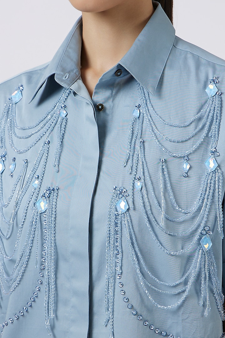 Blue Pima Cotton Embellished Co-Ord Set by Pallavi Swadi at Pernia's Pop Up Shop