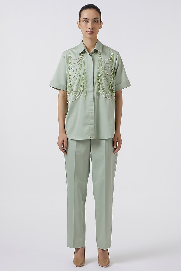 Pista Green Pima Cotton Embellished Co-Ord Set by Pallavi Swadi at Pernia's Pop Up Shop