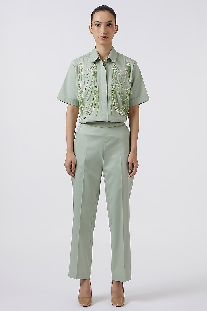 Pista Green Pima Cotton Embellished Co-Ord Set by Pallavi Swadi at Pernia's Pop Up Shop