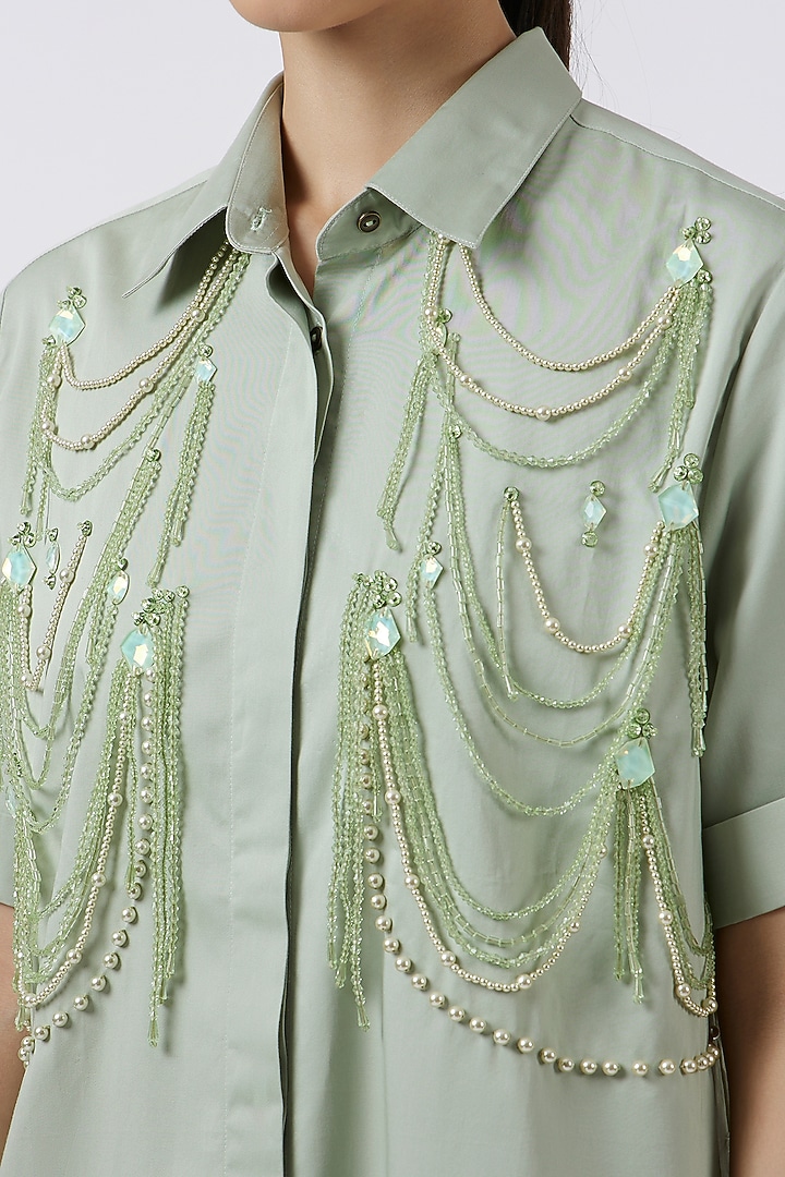 Pista Green Pima Cotton Embellished Co-Ord Set by Pallavi Swadi at Pernia's Pop Up Shop