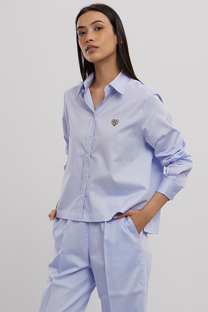 Sky Blue Pima Cotton Embellished Co-Ord Set by Pallavi Swadi at Pernia's Pop Up Shop