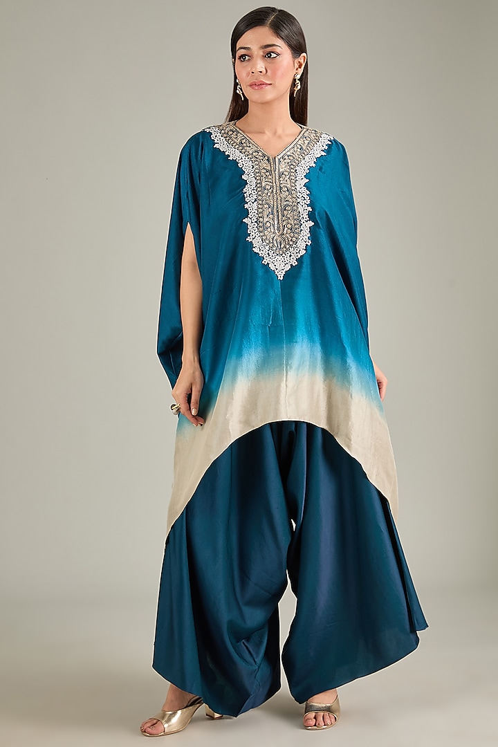 Blue Ombre Silk Dori Work Kaftan Set by Prisho