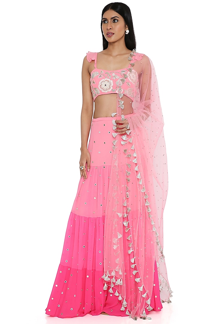 Coral & Pink Georgette Embroidered Ombre Lehenga Set by Payal Singhal